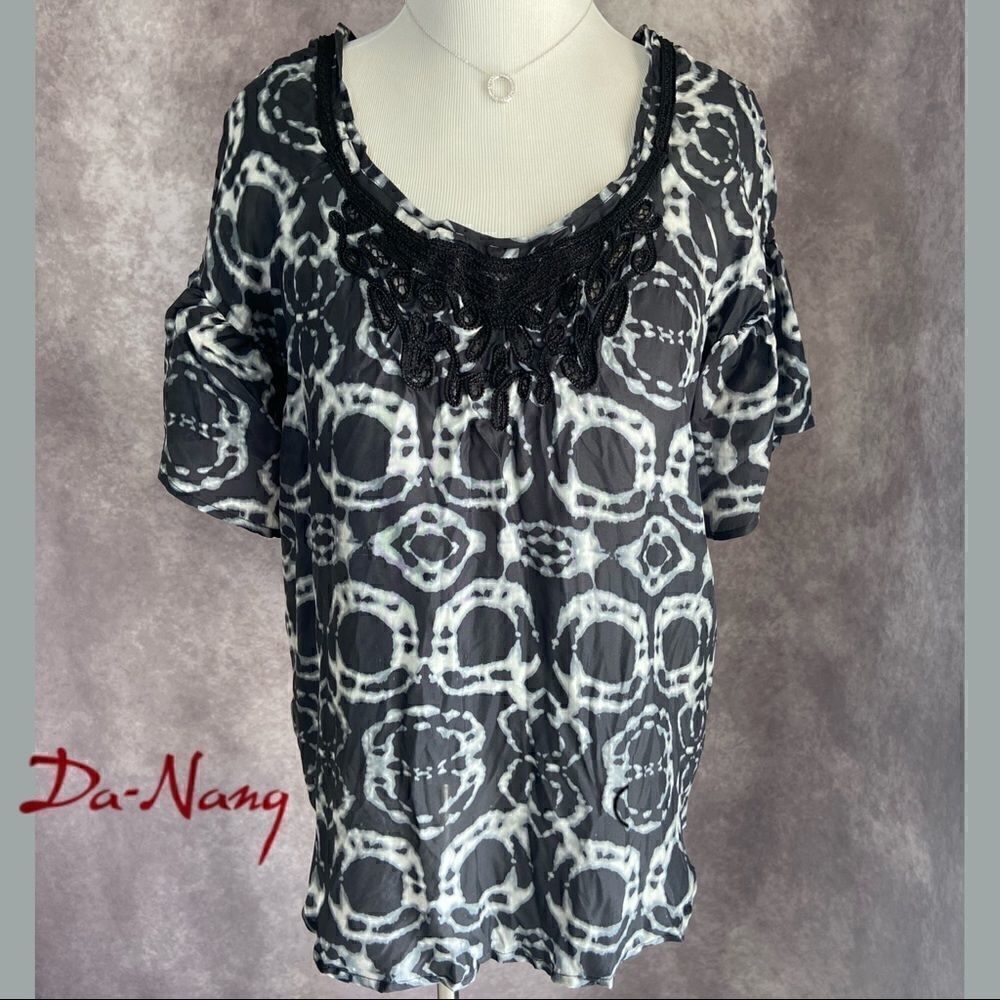 NWT Da-Nang Black & White Tie Dye Embroidered Silk Blouse